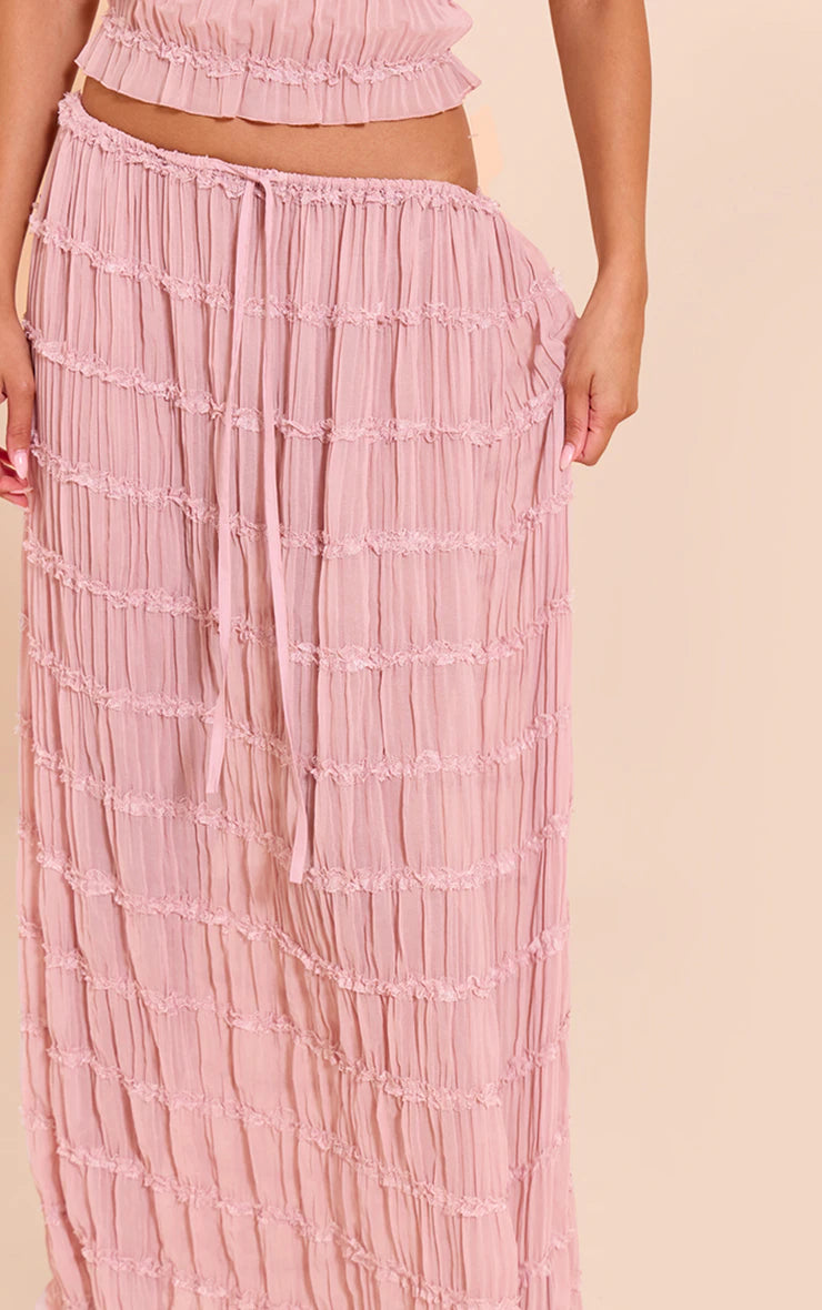 Mauve Chiffon Ruched Frill Detail Tiered Maxi Skirt