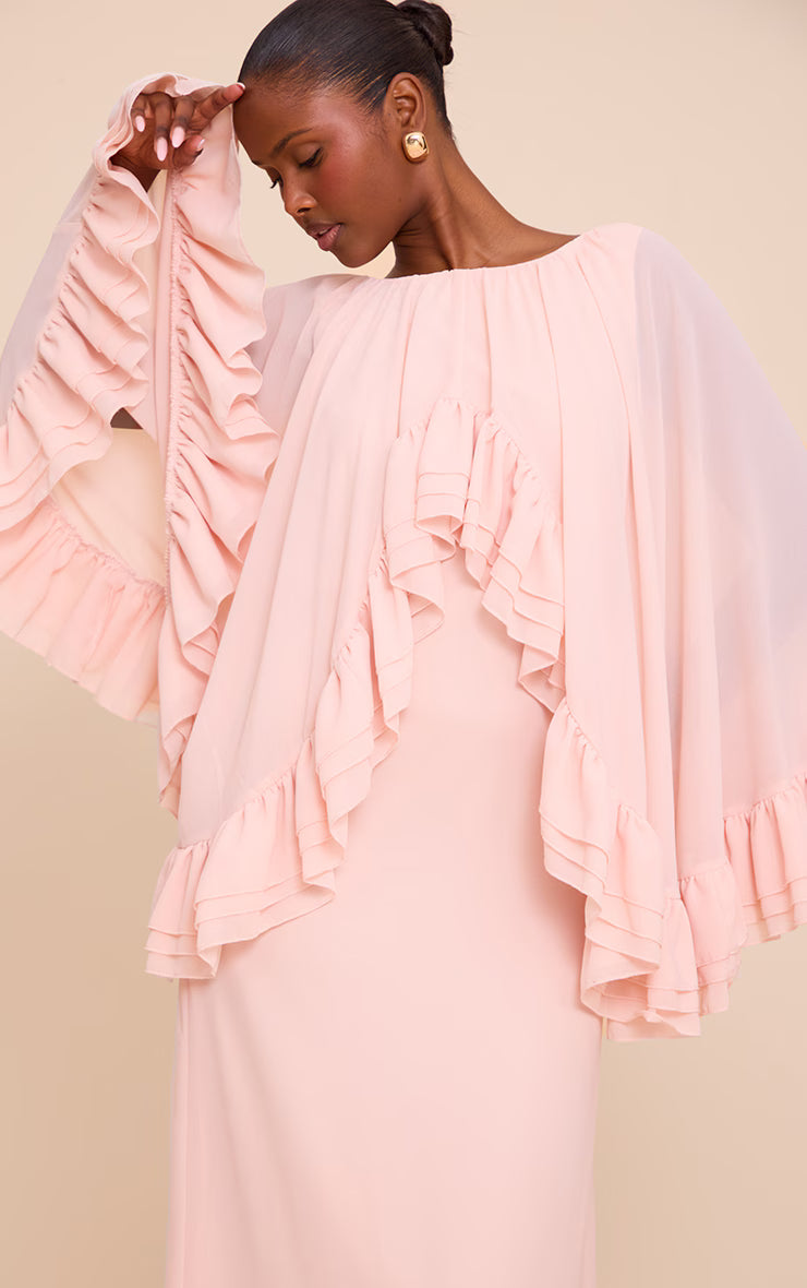 Blush Chiffon Extreme Overlay Frill Detail Maxi Dress