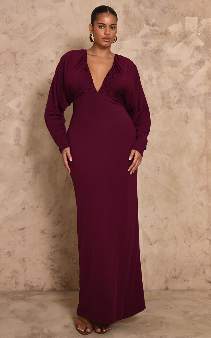 PLT Label Plus Mulberry Slinky Ruched Plunge Batwing Maxi Dress