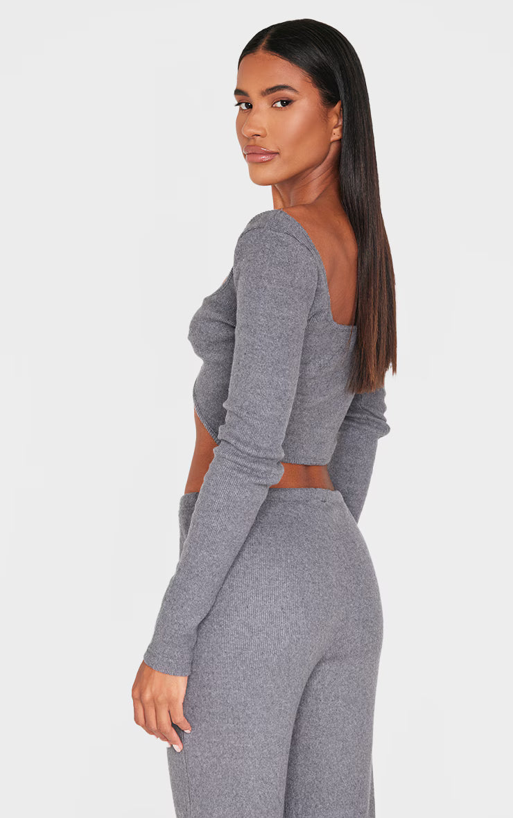 Charcoal Brushed Rib Twist Front Long Sleeve Bardot Top