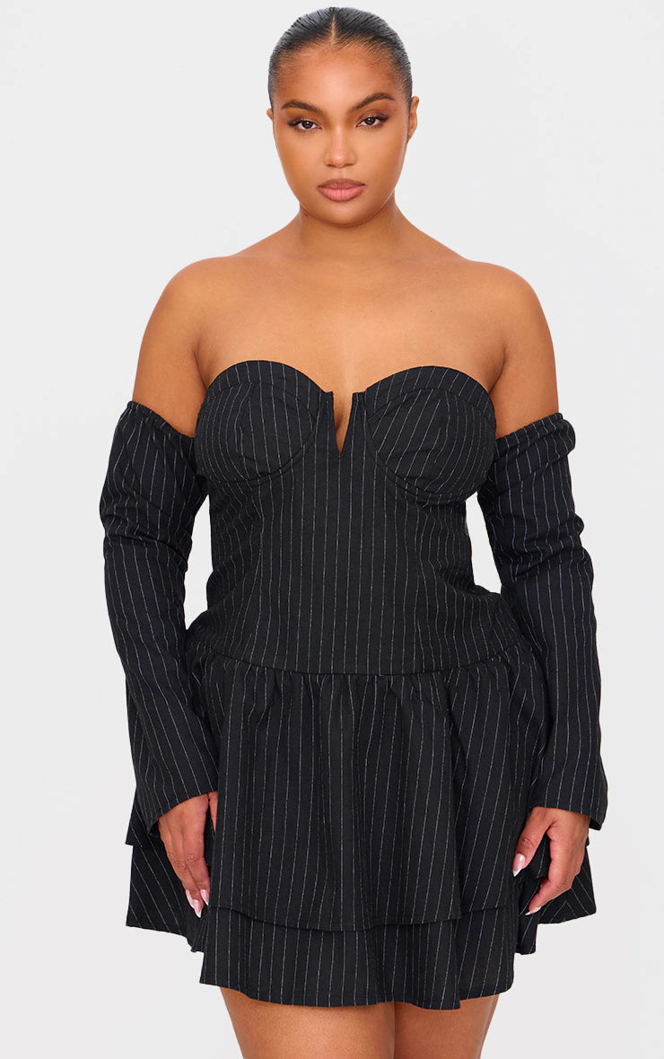 Plus Black Pinstripe Cup Detail Bardot Shift Dress