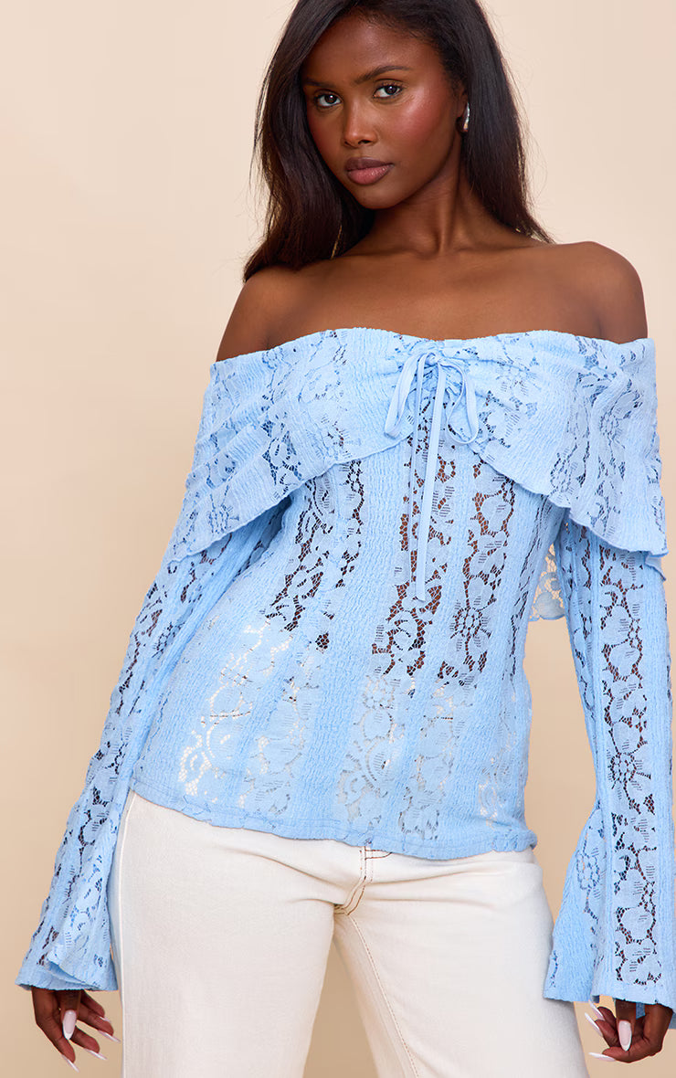 Sky Blue Fitted Lace Flared Sleeve Bardot Top