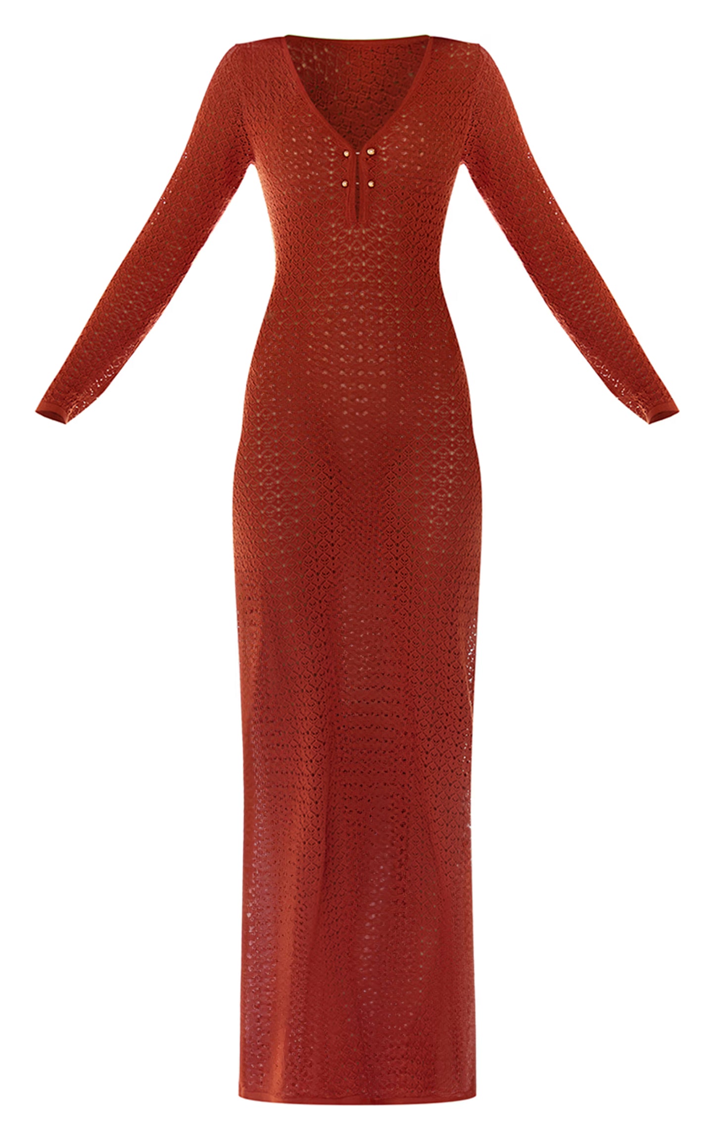 Rust Maxi Crochet Trim Long Sleeve Dress