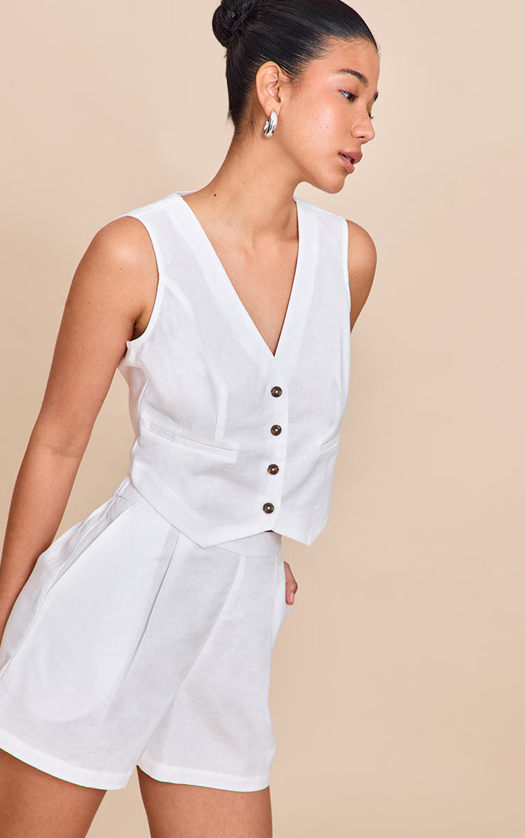 White Linen Look Boxy Detail Vest