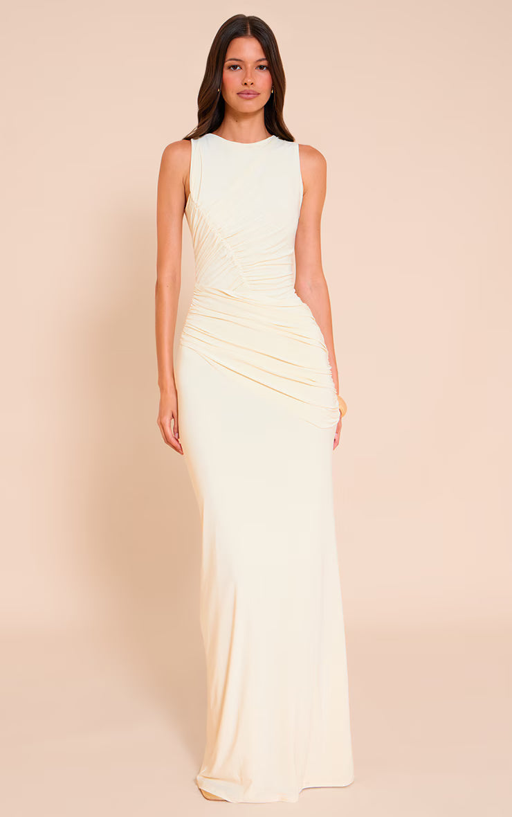 Almond Double Layer Soft Touch Extreme Ruched Maxi Dress