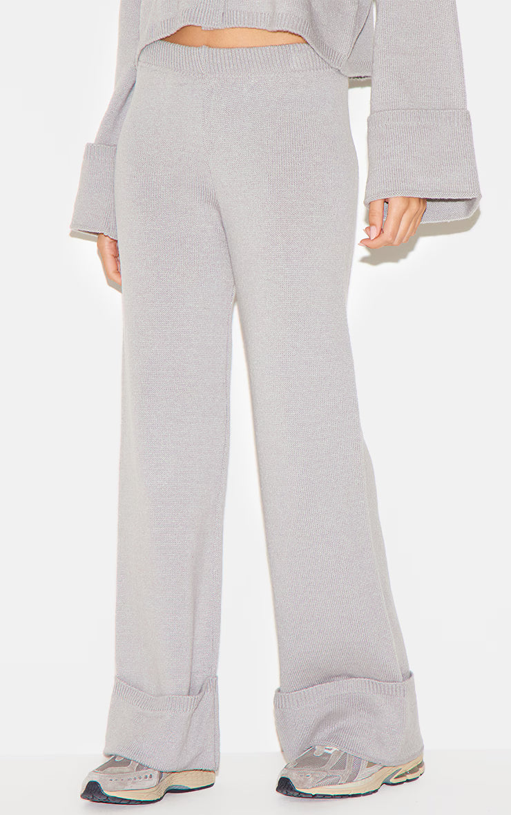 Grey Turn Up Hem Knit Pants