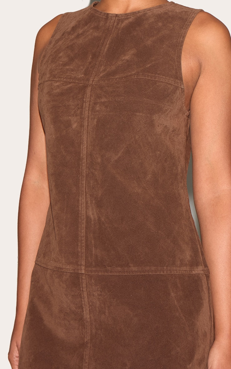 Deep Chocolate Structured Faux Suede Seam Detail Sleeveless Shift Dress