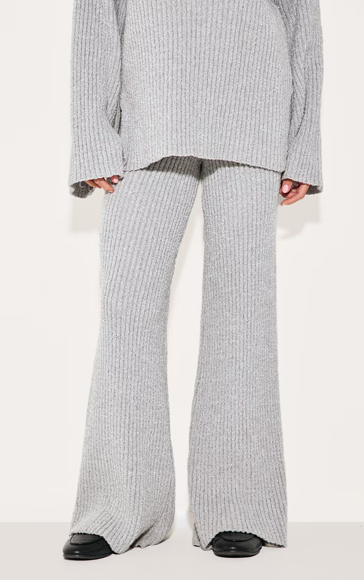 Ash Grey Rib Boucle Knit Wide Leg Pants