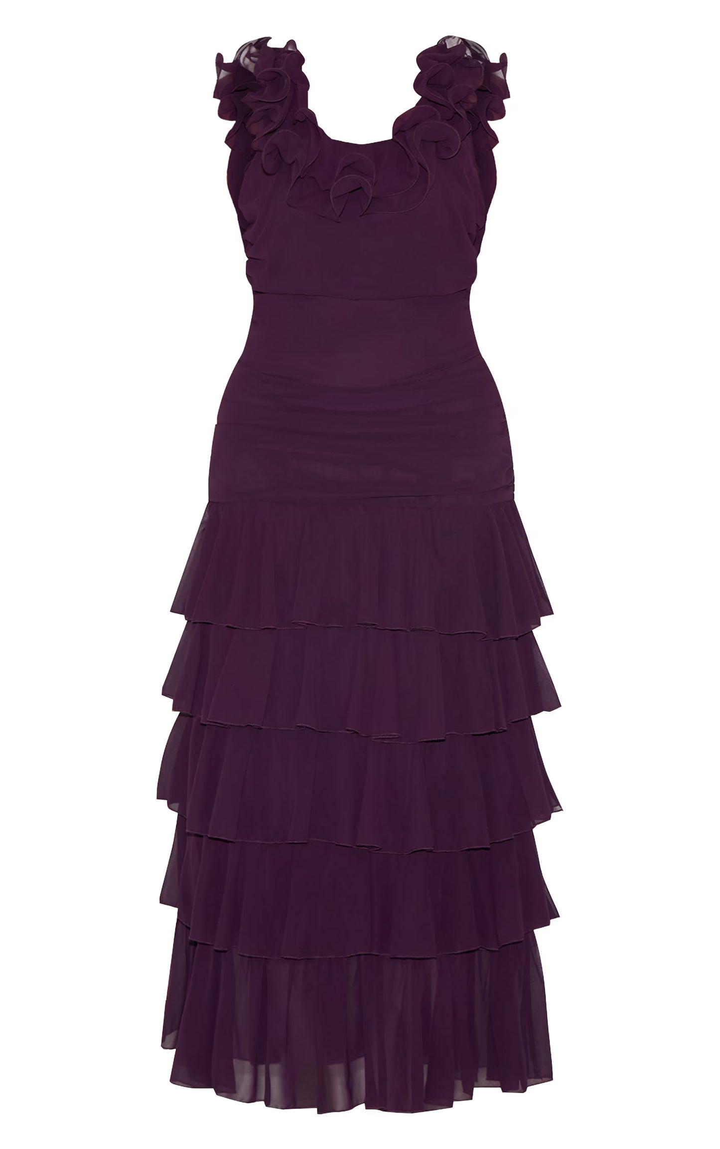 Plus Wine Chiffon Ruched Ruffle Maxi Dress