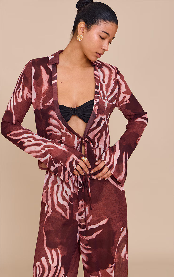 Brown Chiffon Abstract Print Long Sleeve Tie Front Shirt