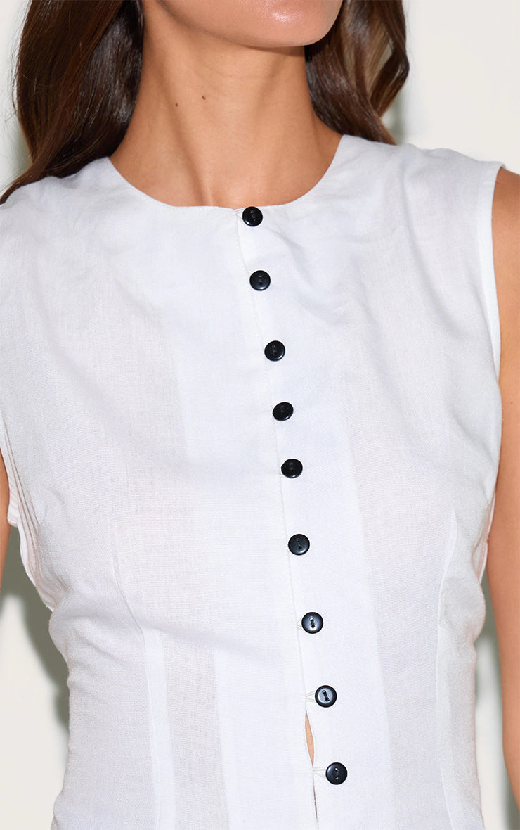 White Linen Blend Button Vest