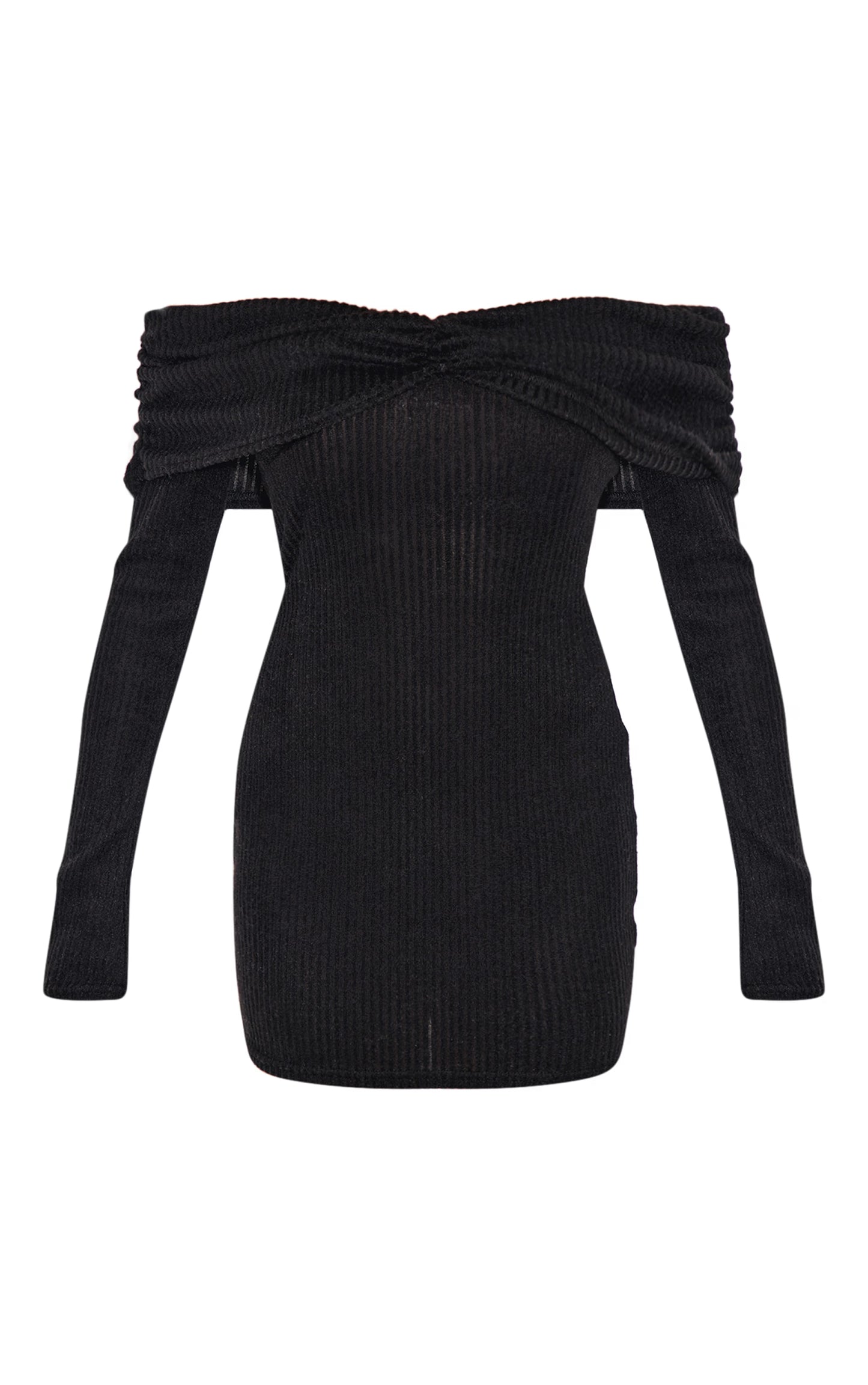 Black Brushed Rib Bardot Long Sleeve Bodycon Dress