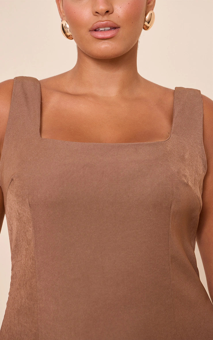 Plus Mocha Pleated Hem Square Neck Midaxi Dress