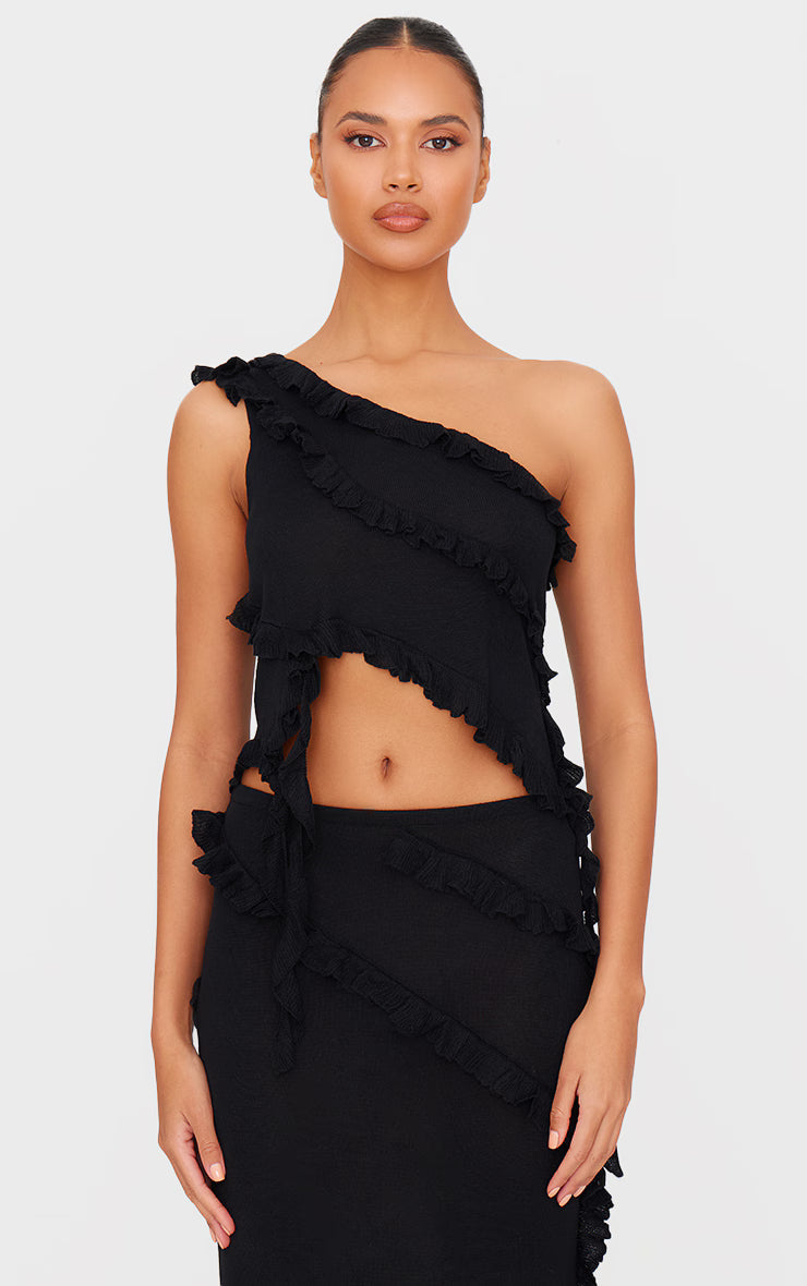Black Rib Knit Frill Detail Asymmetric Top