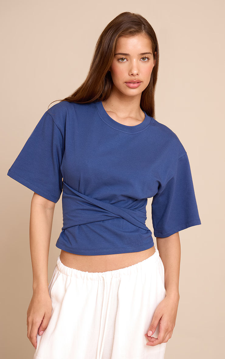Blue Cotton Wrap Front T Shirt