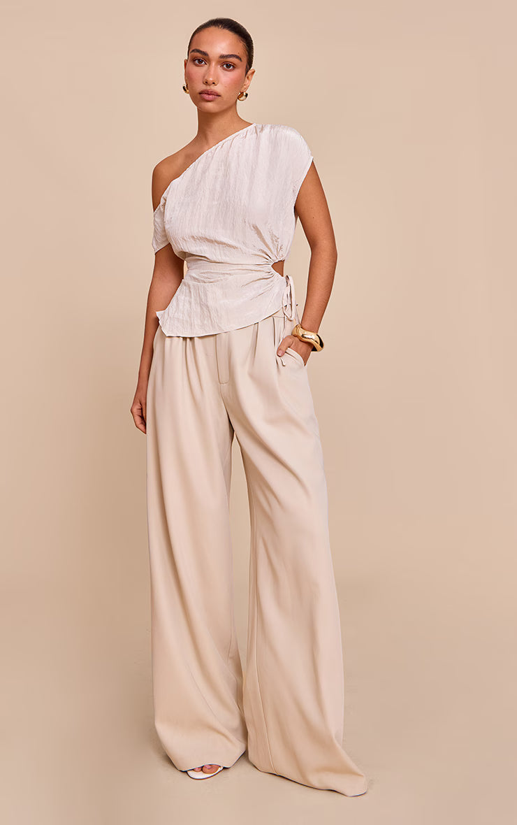 Beige Crinkle Matte Satin Cut Out Long Top