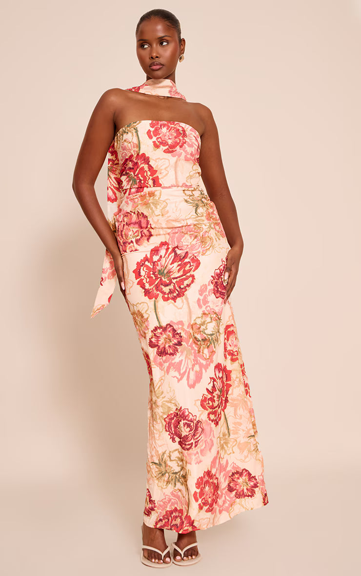 Multi Floral Print Bandeau Scarf Detail Chiffon Maxi Dress