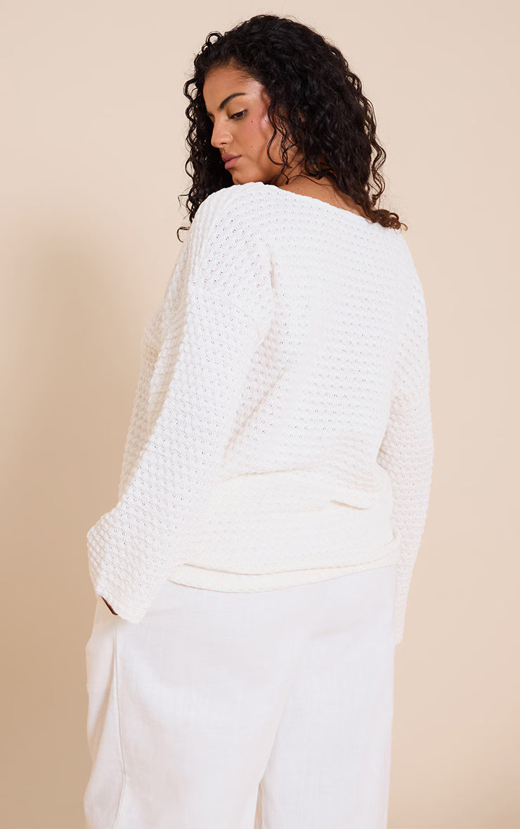 Plus Cream Textured Oversized Trim Detail Long Sleeve Top
