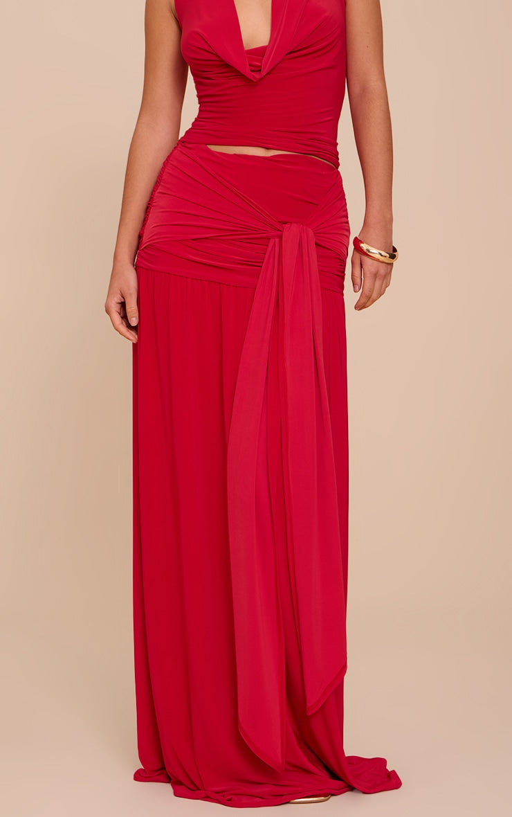 Tomato Red Double Layer Slinky Knot Drape Maxi Skirt