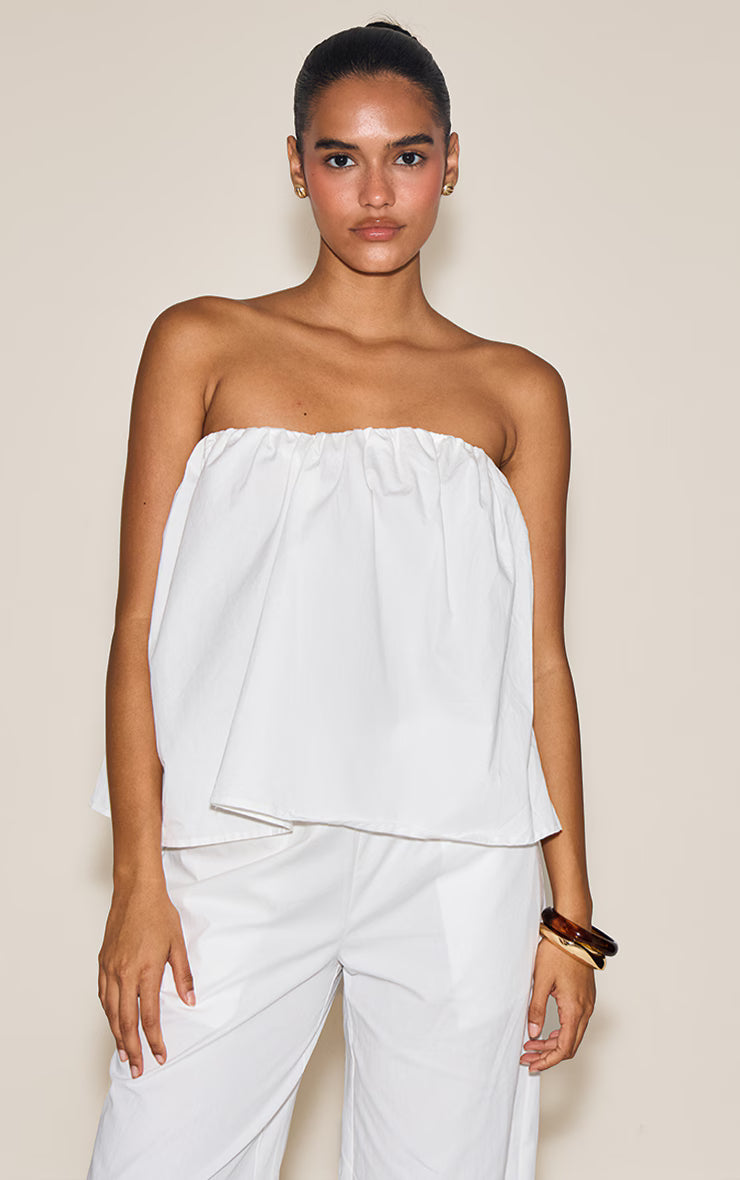 Cream Cotton Woven Ruched Floaty Bandeau Top