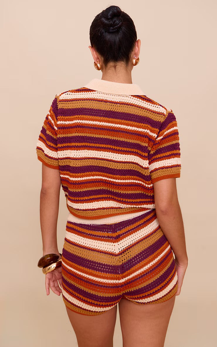 Multi Crochet Stripe Knit Polo Top
