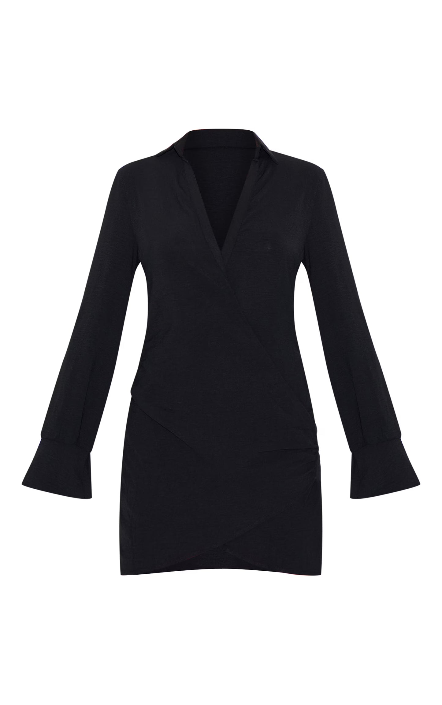 Black Textured Woven Extreme Plunge Bell Cuff Shirt Dress
