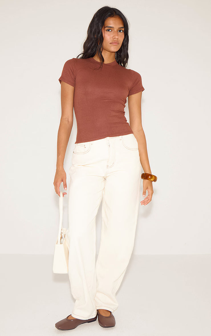 Chocolate Soft Rib Crew Neck Short Sleeve Top