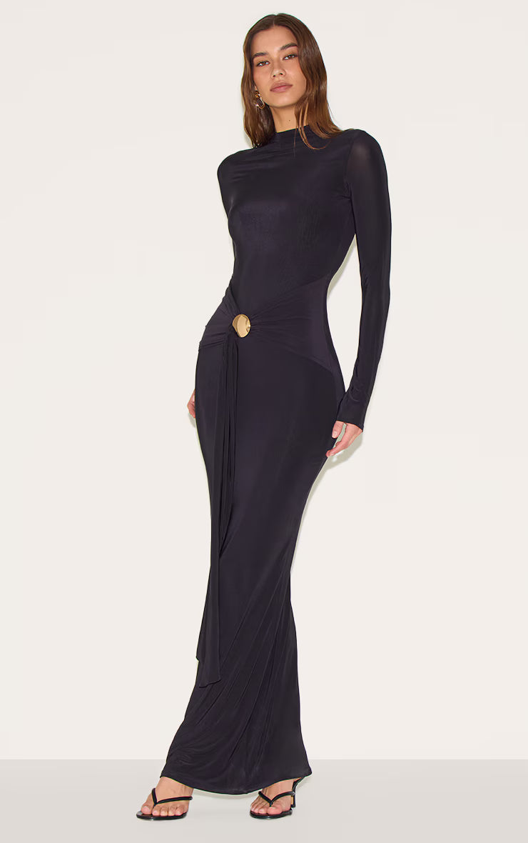 Black Slinky Belt Detail Maxi Dress