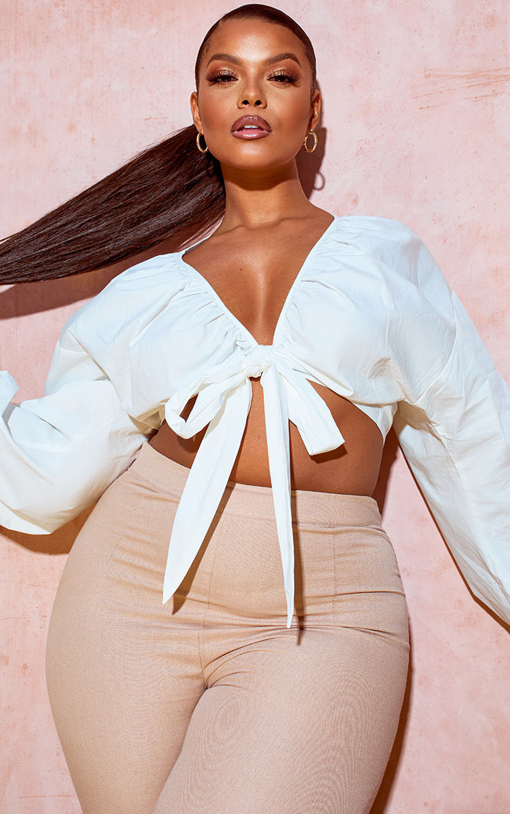 Plus White Tie Front Ruched Blouse