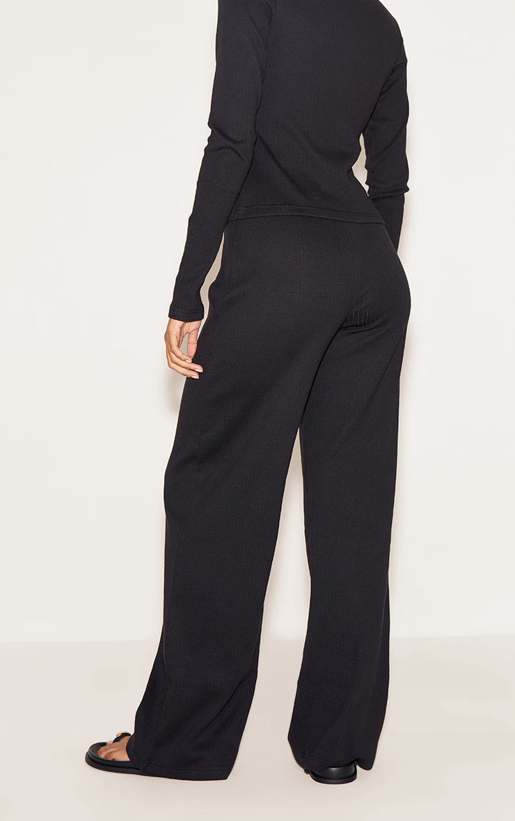 Black Mid Rise Ribbed Wide Leg Pant