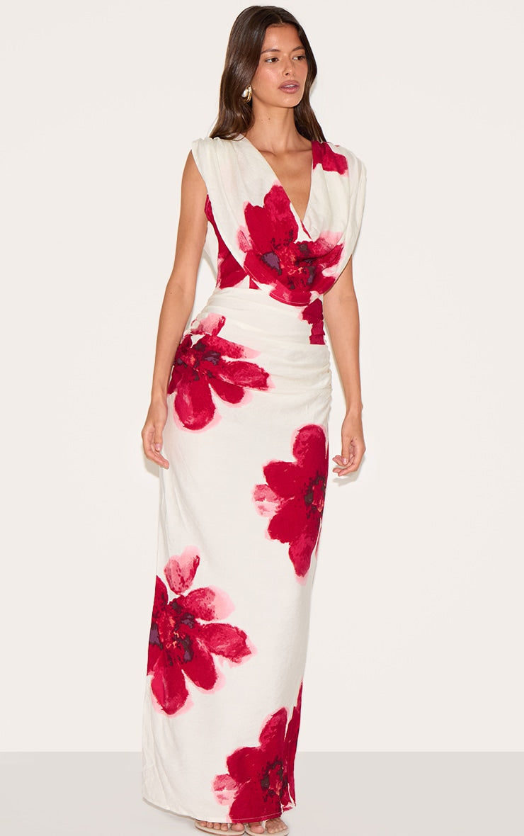 Red Printed Cowl Ruched Detail Maxi Dress