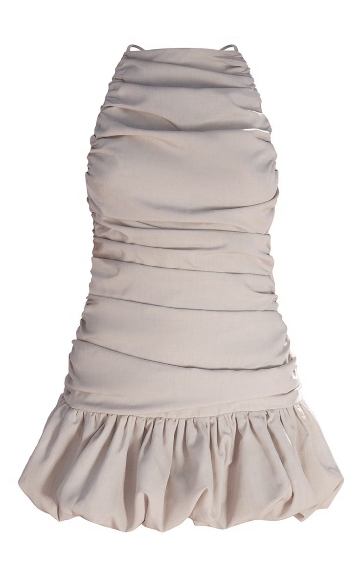 PLT Label Off White Ruched Puff Hem Strappy Bodycon Dress