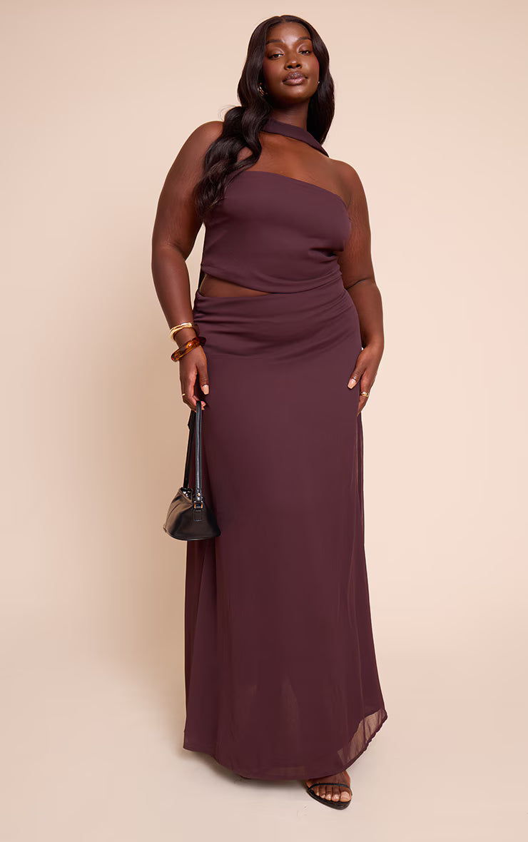 Plus Brown Chiffon Neck Wrap Top