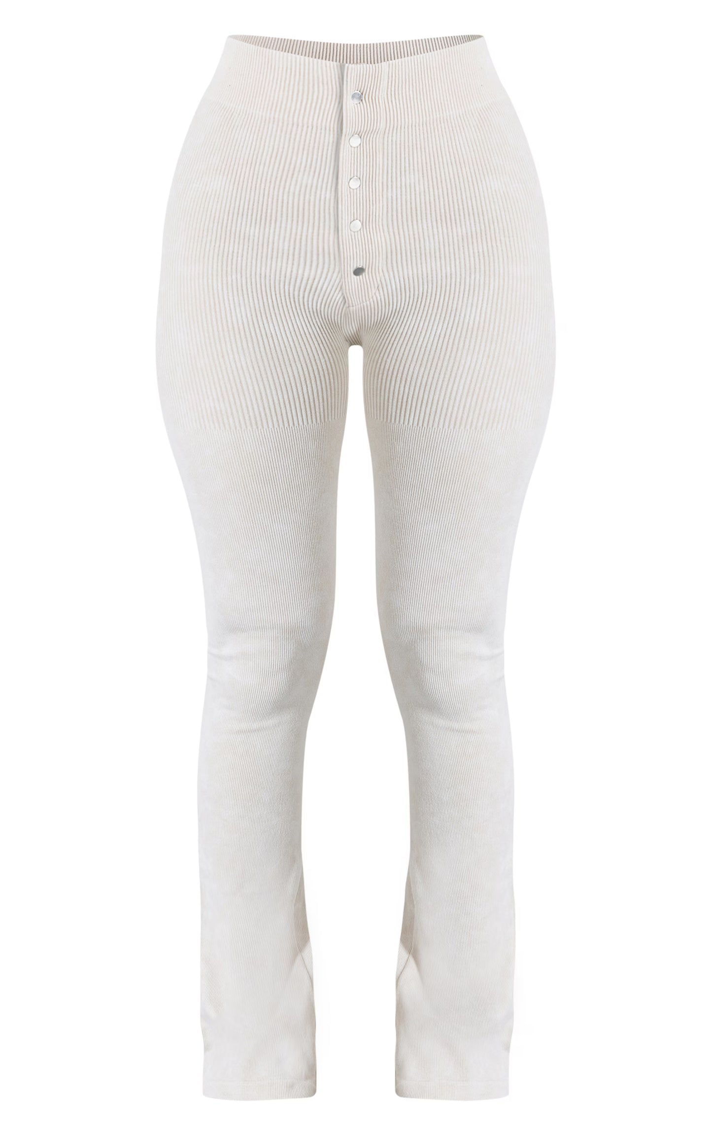 Petite Cream Faded Snatched Rib Button Detail Flare Leggings