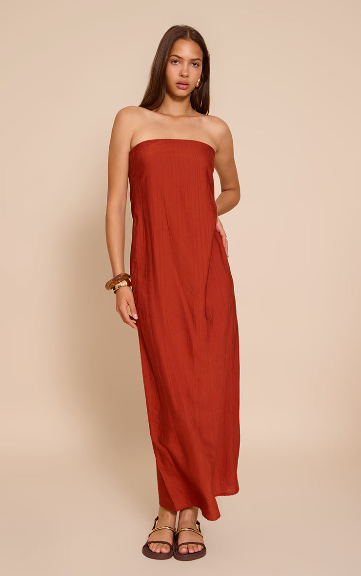 Rust Textured Column Bandeau Maxi Dress