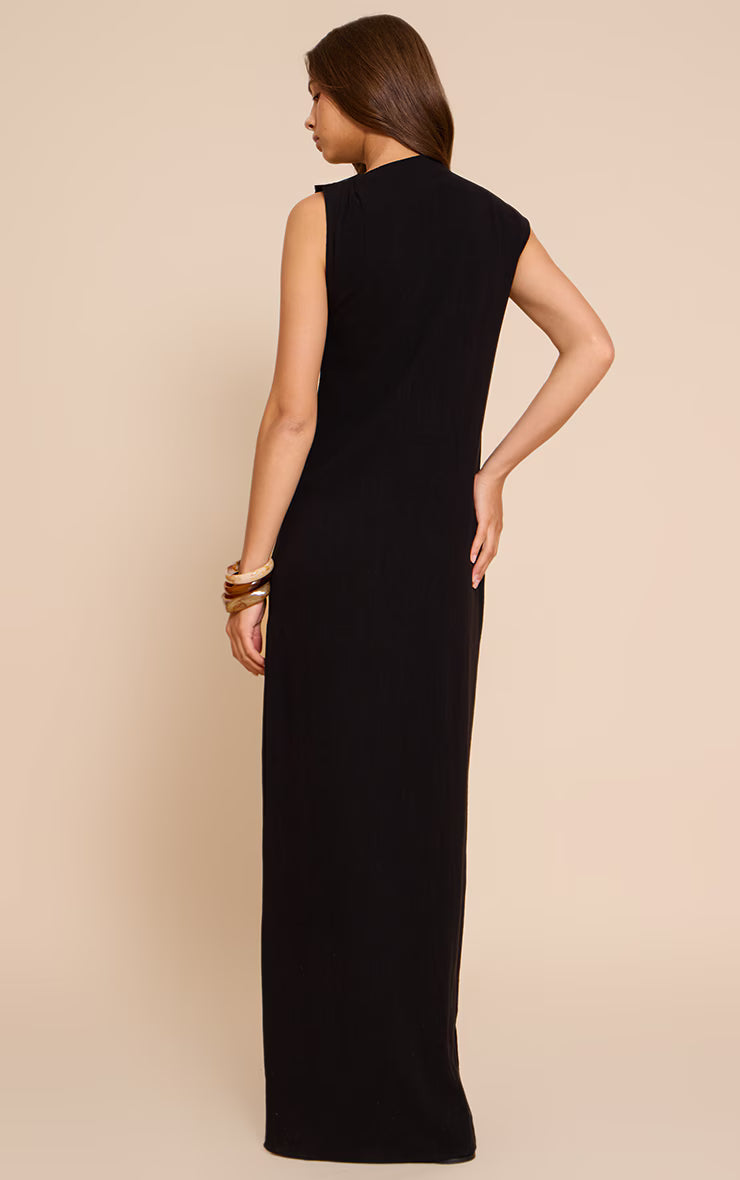 Black Linen Look Sleeveless Drape Neck Detail Maxi Dress