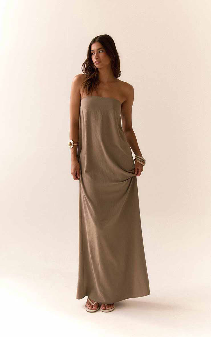 Mushroom Floaty Woven Bandeau Maxi Dress