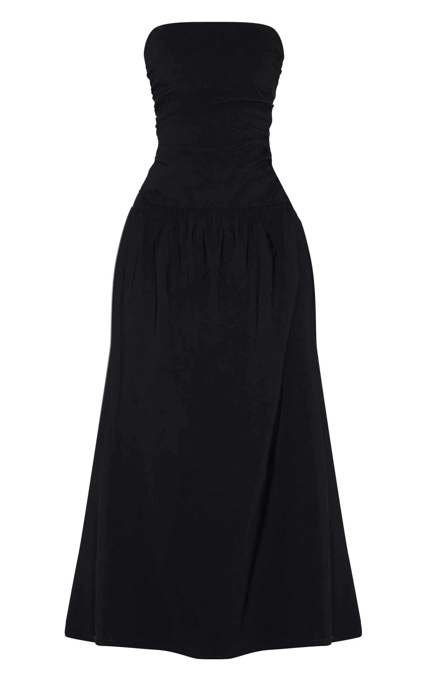 Black Stretch Woven Bandeau Ruched Maxi Dress