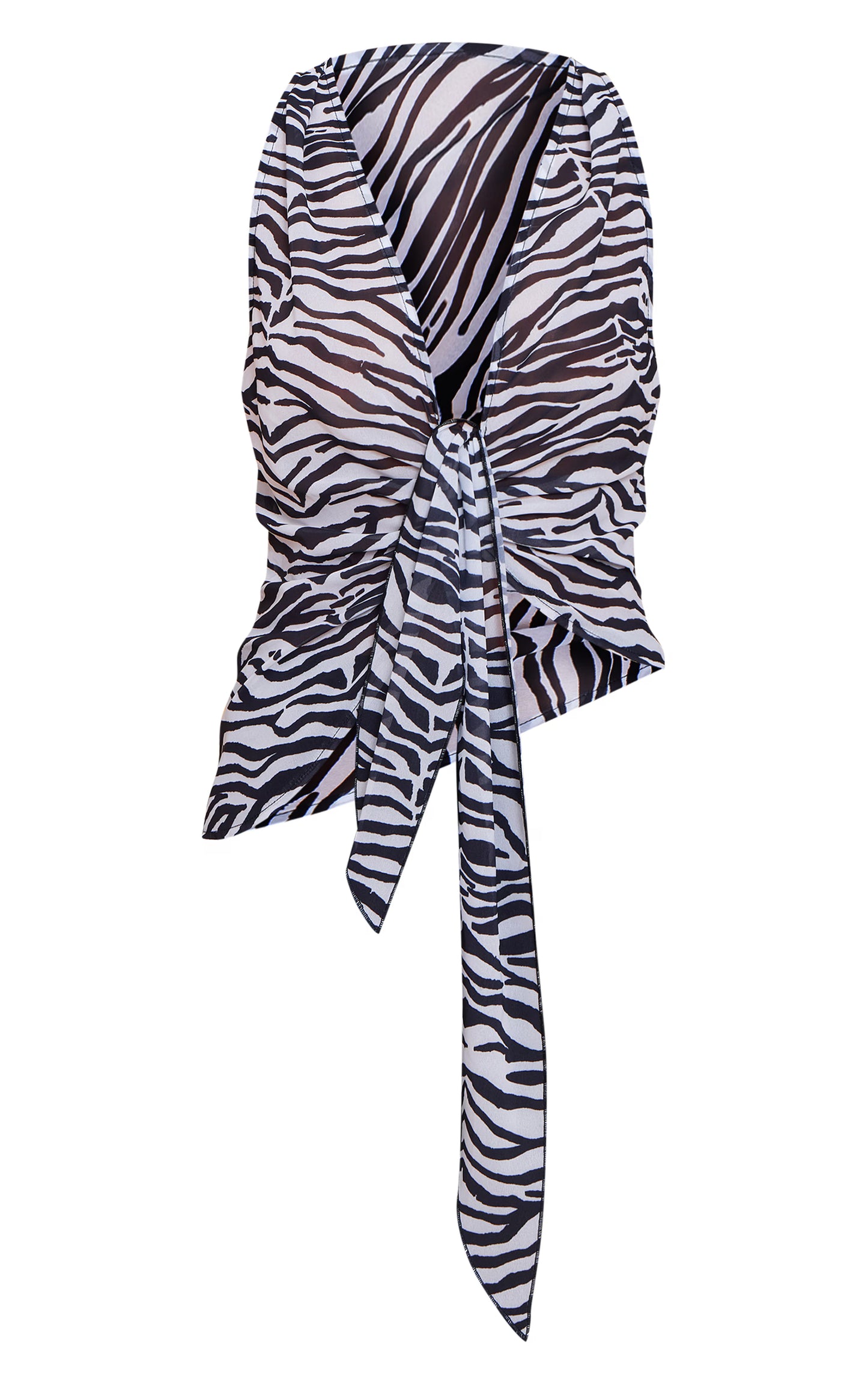 Monochrome Zebra Printed Drape Plunge Front Chiffon Long Top