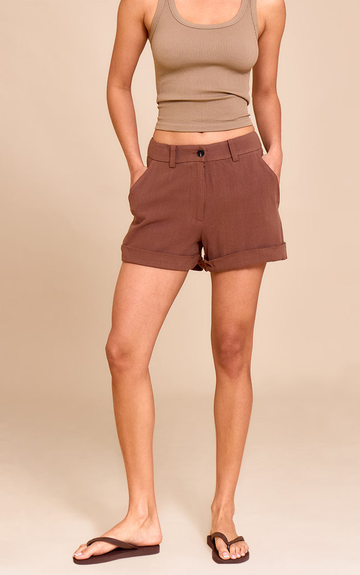 Chocolate Tailored Linen Look Shorts