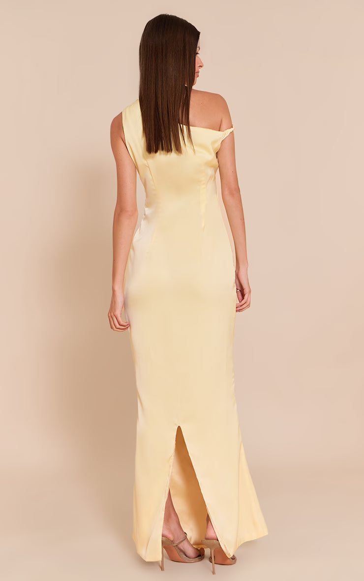 Lemon Satin Asymmetric Bardot Twist Maxi Dress
