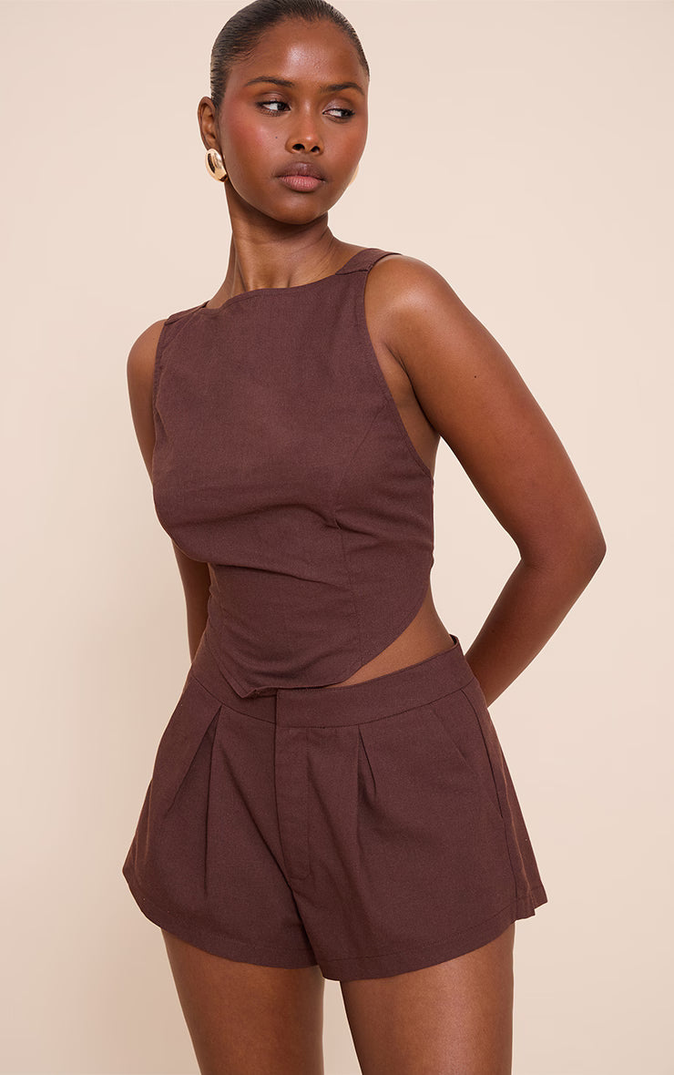Dark Brown Linen Look Woven Open Back Top