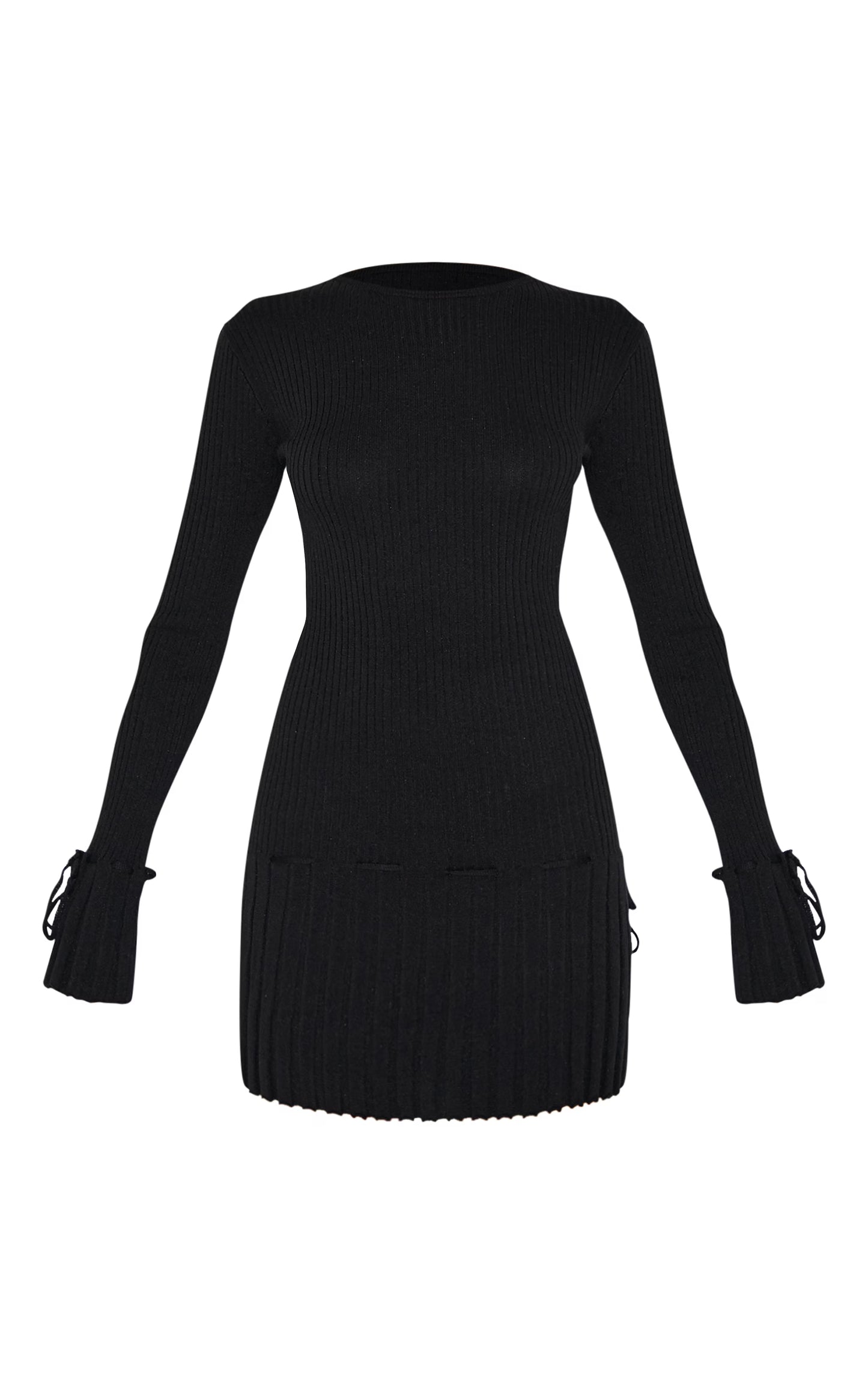 Black Rib Knit Pleated Tie Detail Long Sleeve Mini Dress