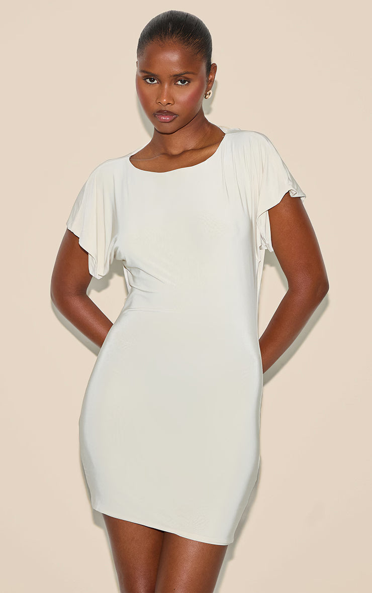 Almond Double Layered Slinky Ruched Short Sleeve Mini Dress