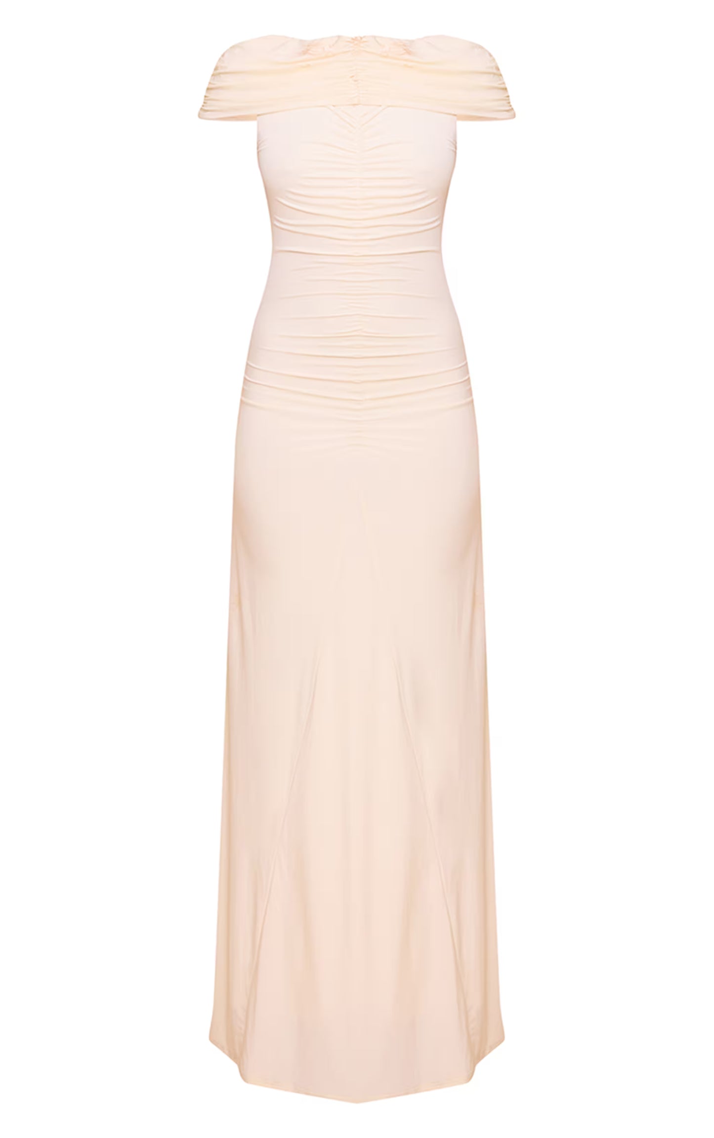 Almond Slinky Bardot Ruched Detailing Maxi Dress
