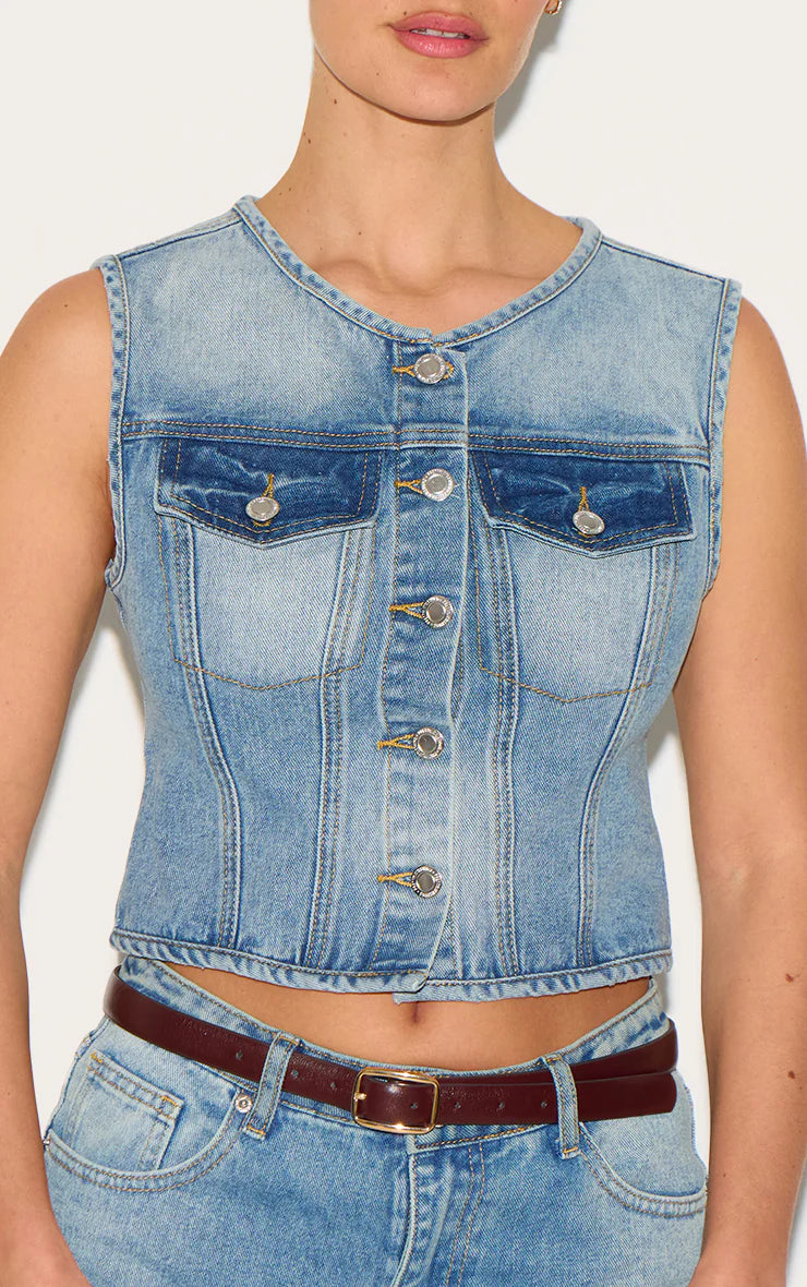 Mid Blue Wash Round Neck Sleeveless Denim Crop Top