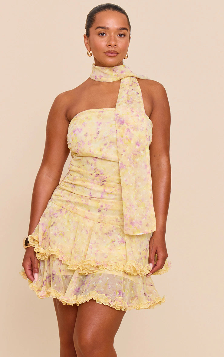 SHAPE Pastel Yellow Chiffon Ditsy Floral Print Tiered Frill mini Dress
