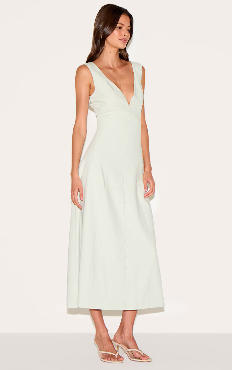 Sage Green Tailored Woven Plunge Button Down Midi Dress