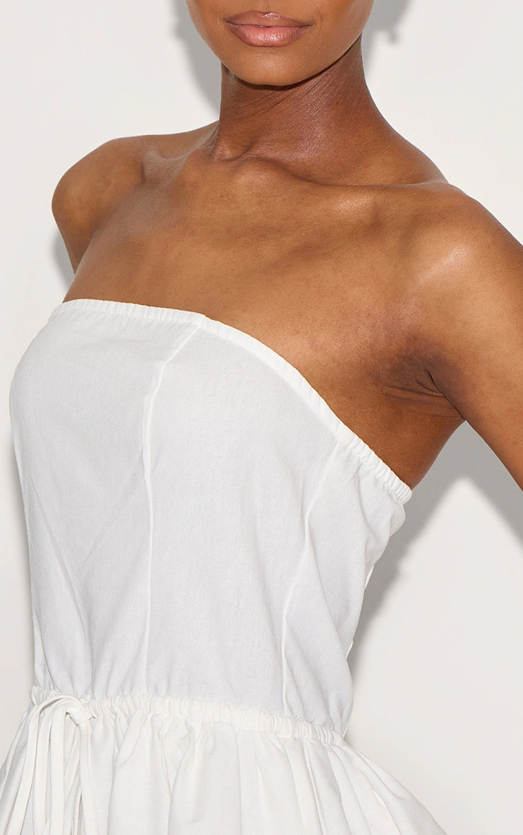 White Linen Bandeau Tie Waist Puffball Dress