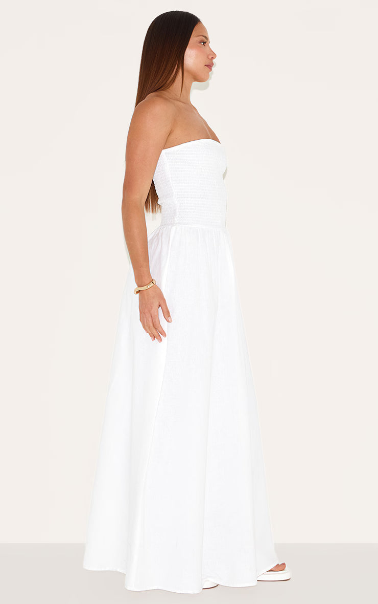 Tall White Bandeau Shirred Detail Maxi Dress